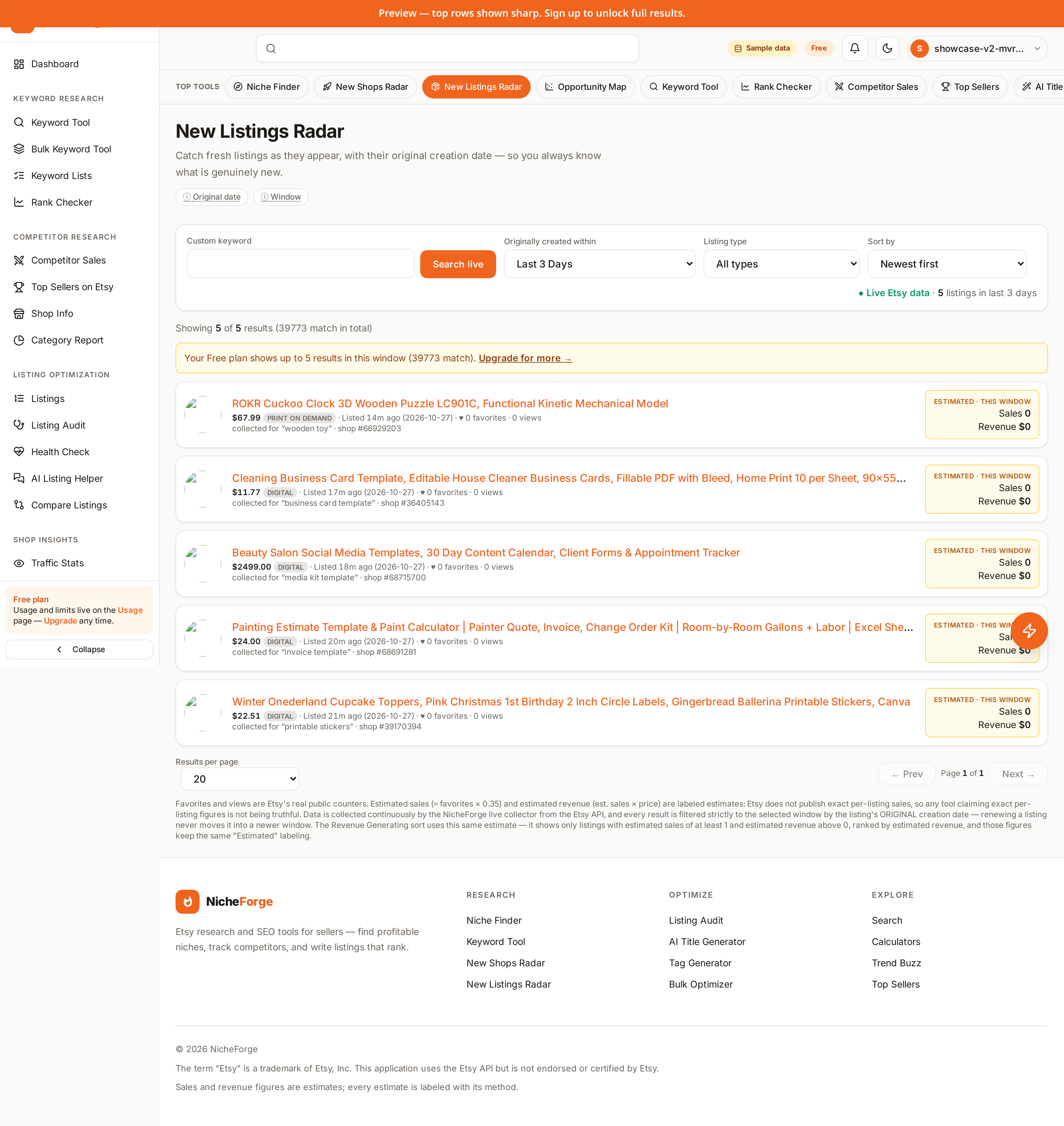 Fresh Etsy listings sorted by their original creation date in a radar feed